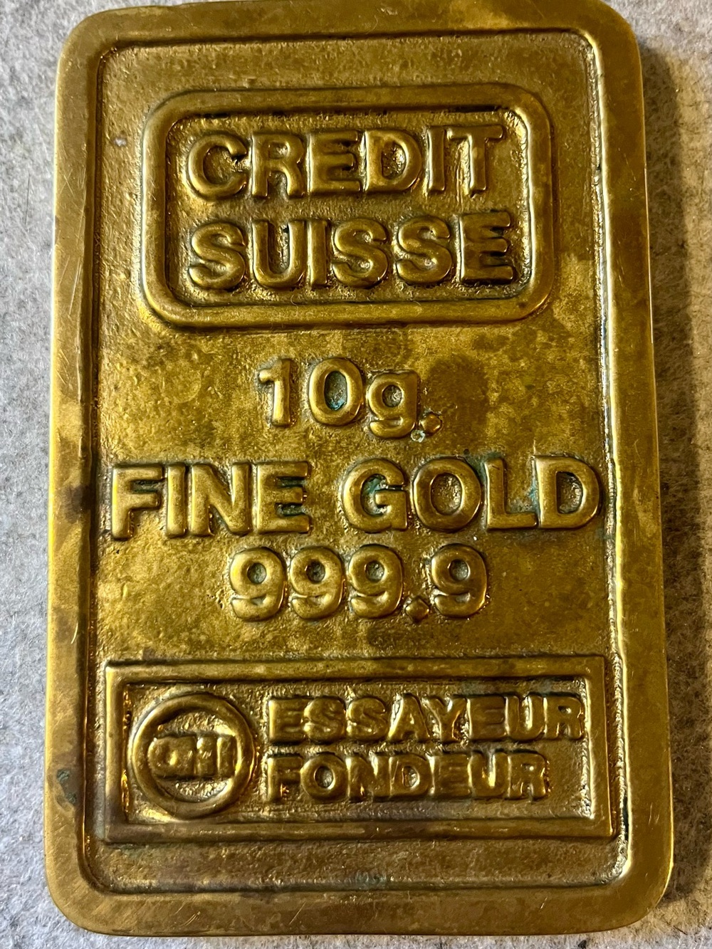 Vintage Brass Paperweight Credit Suisse 10g Fine Gold bar Faux Gold Novelty